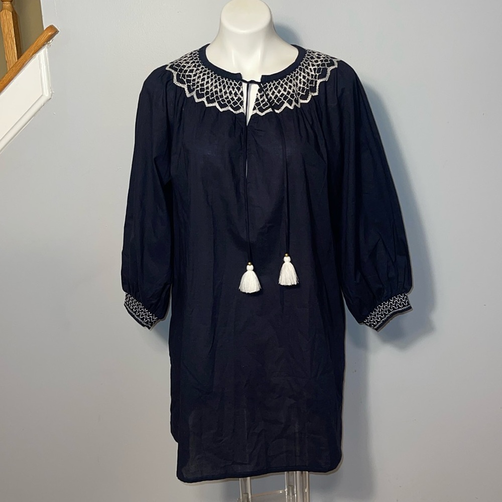 Figue Charlie Dress. Medium, long sleeves. Tassel tie. Navy blue & white.